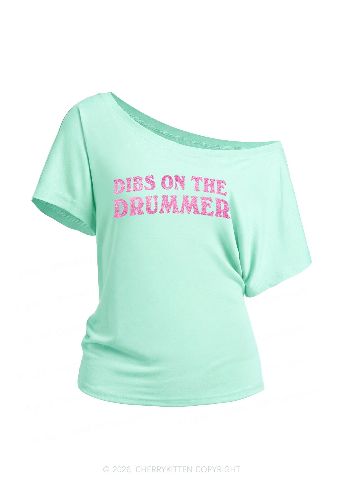 Glitter Dibs On The Drummer Y2K Off Shoulder Tee Cherrykitten