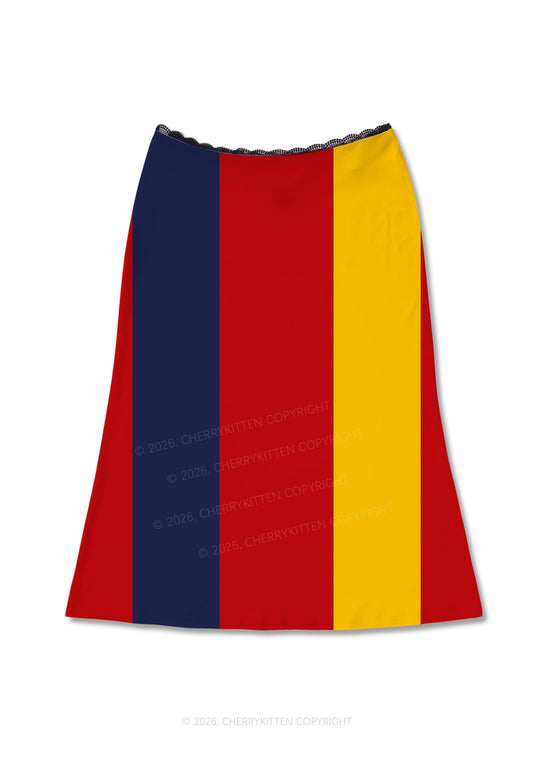 Red Navy Yellow Vertical Stripe Y2K Print Midi Skirt Cherrykitten