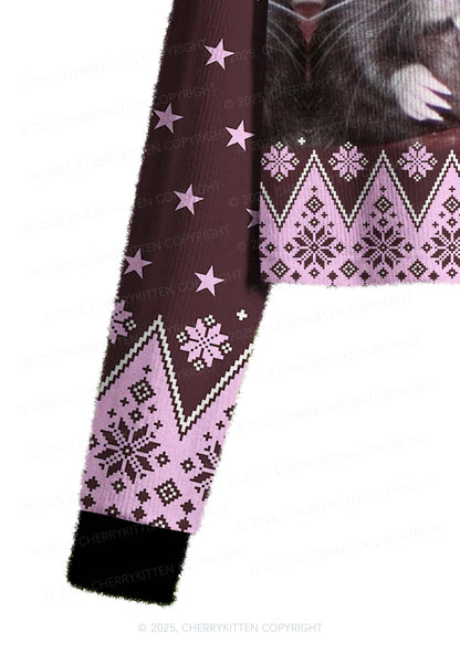 Brown Smoking Rats Y2K Christmas Crop Knit Sweatshirt Cherrykitten