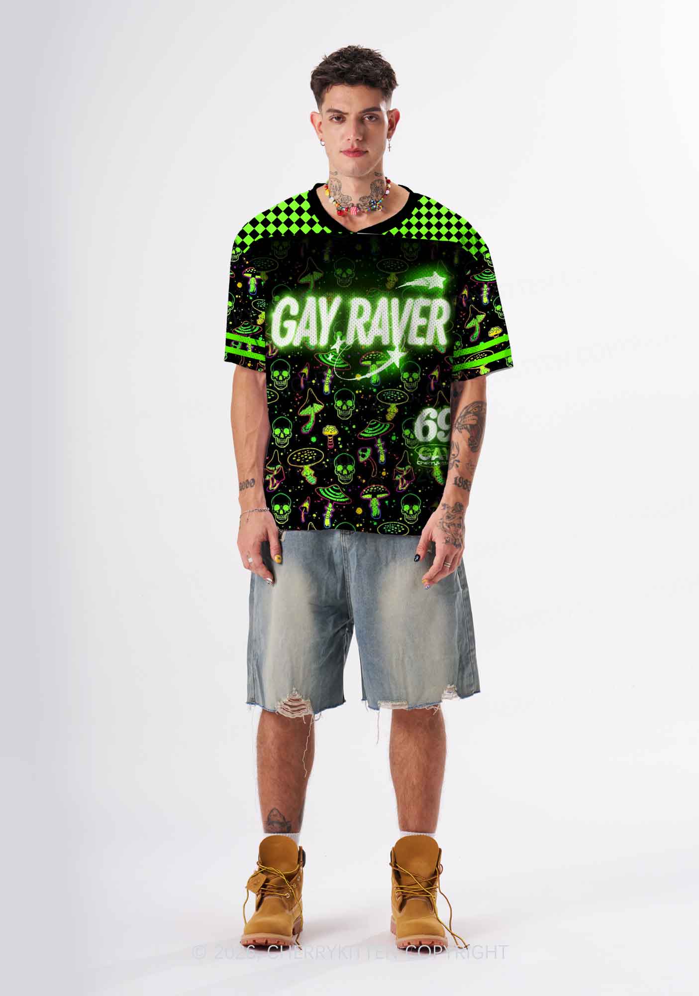 Neon Mushroom Skull Gay Raver Y2K Sport Jersey Shirts Cherrykitten