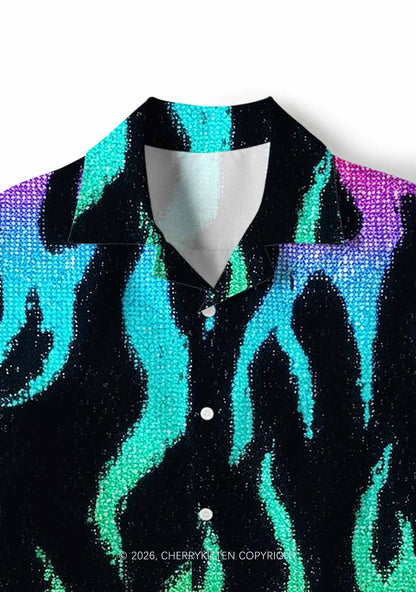 Rainbow Flame Pride Y2K Print Hawaiian Shirt Cherrykitten
