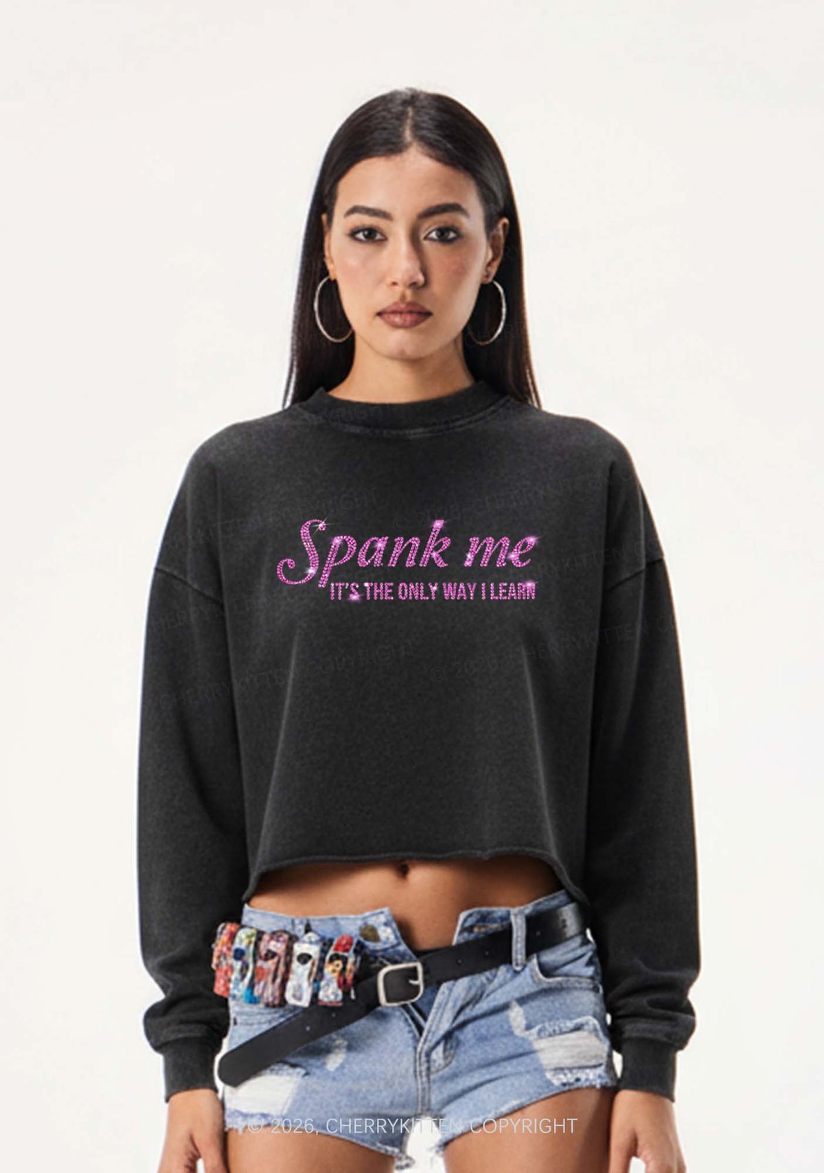 Rhinestone Spank Me Y2K Crop Washed Sweatshirts Cherrykitten