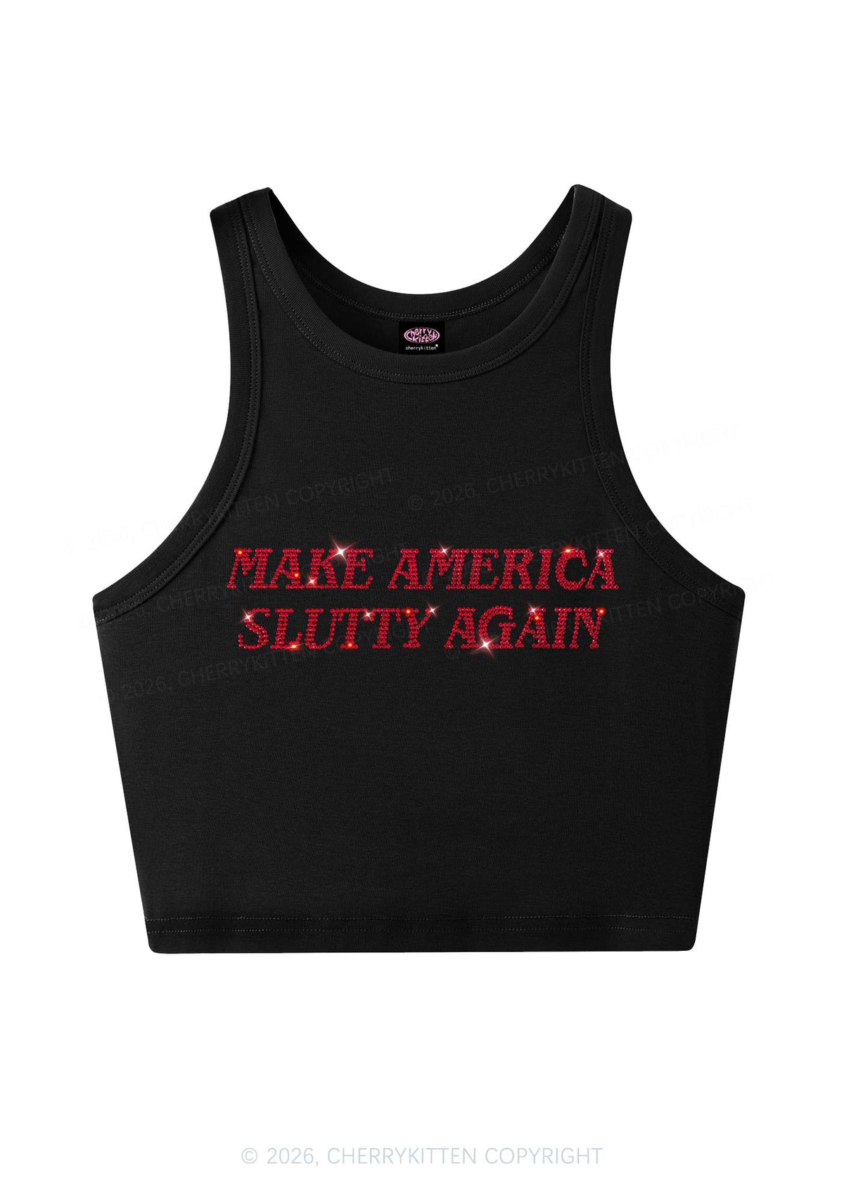 Rhinestone Make America Slxtty Y2K Crop Tank Top Cherrykitten