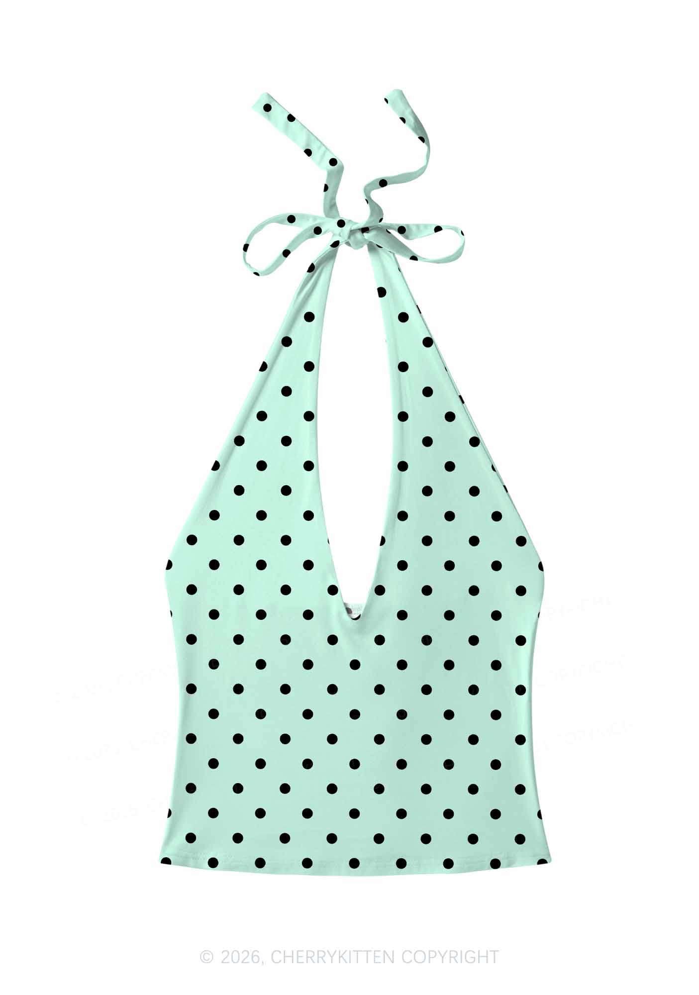 Black Dots On Mint Green Y2K Print Halter Deep V Neck Cami Cherrykitten