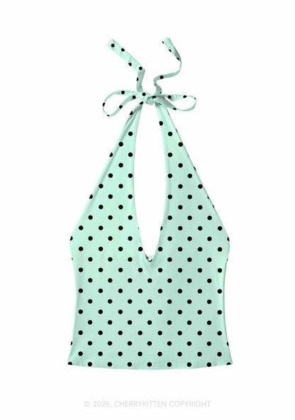 Black Dots On Mint Green Y2K Print Halter Deep V Neck Cami Cherrykitten