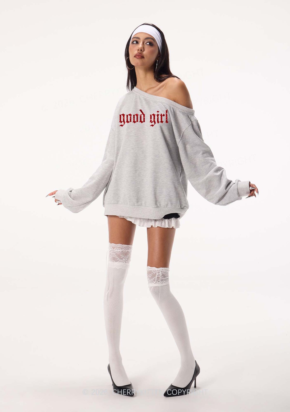 Glitter Good Girl Y2K Off Shoulder Sweatshirts Cherrykitten