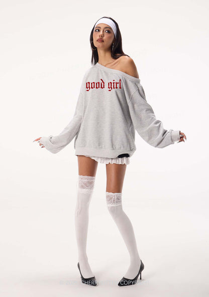 Glitter Good Girl Y2K Off Shoulder Sweatshirts Cherrykitten
