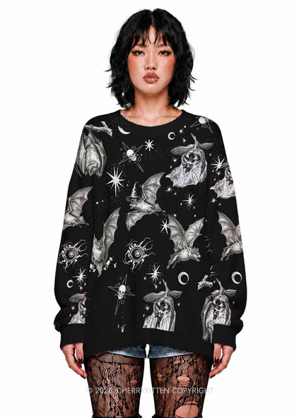 Halloween Witch Bats Skulls Y2K Christmas Knit Sweatshirt Cherrykitten