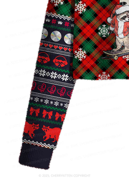 Raccoon Concert Y2K Christmas Crop Knit Sweatshirt Cherrykitten