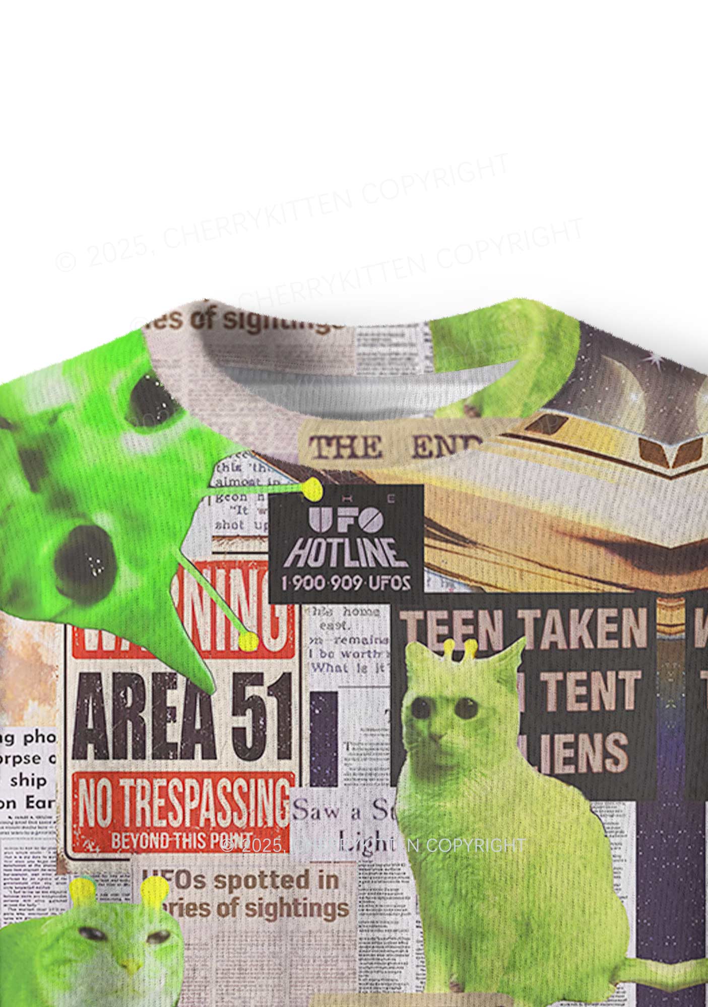 Green Alien Kitten Y2K Christmas Knit Sweatshirt Cherrykitten