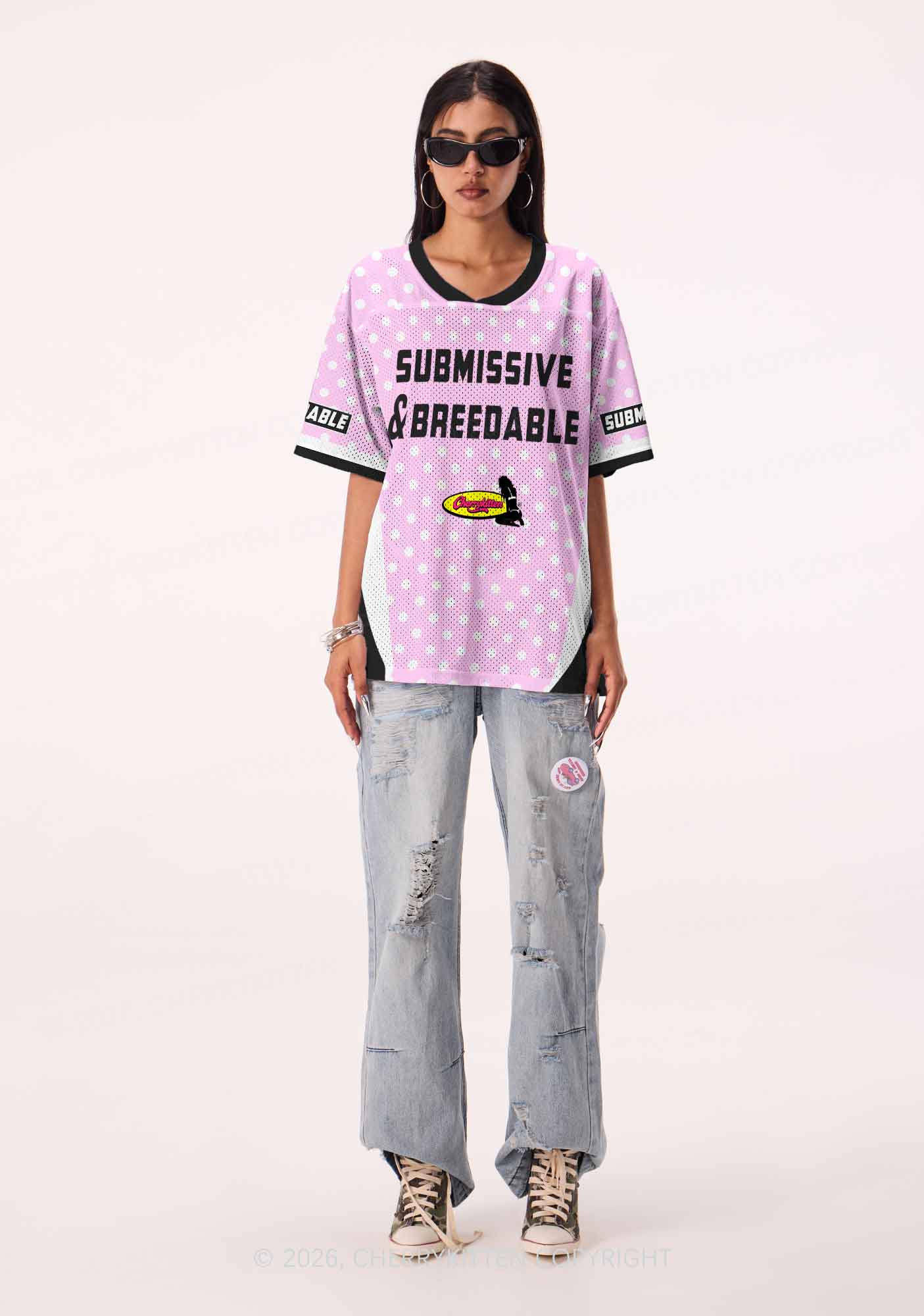 Submissive Breedable Pink Dots Y2K Sport Jersey Shirts Cherrykitten