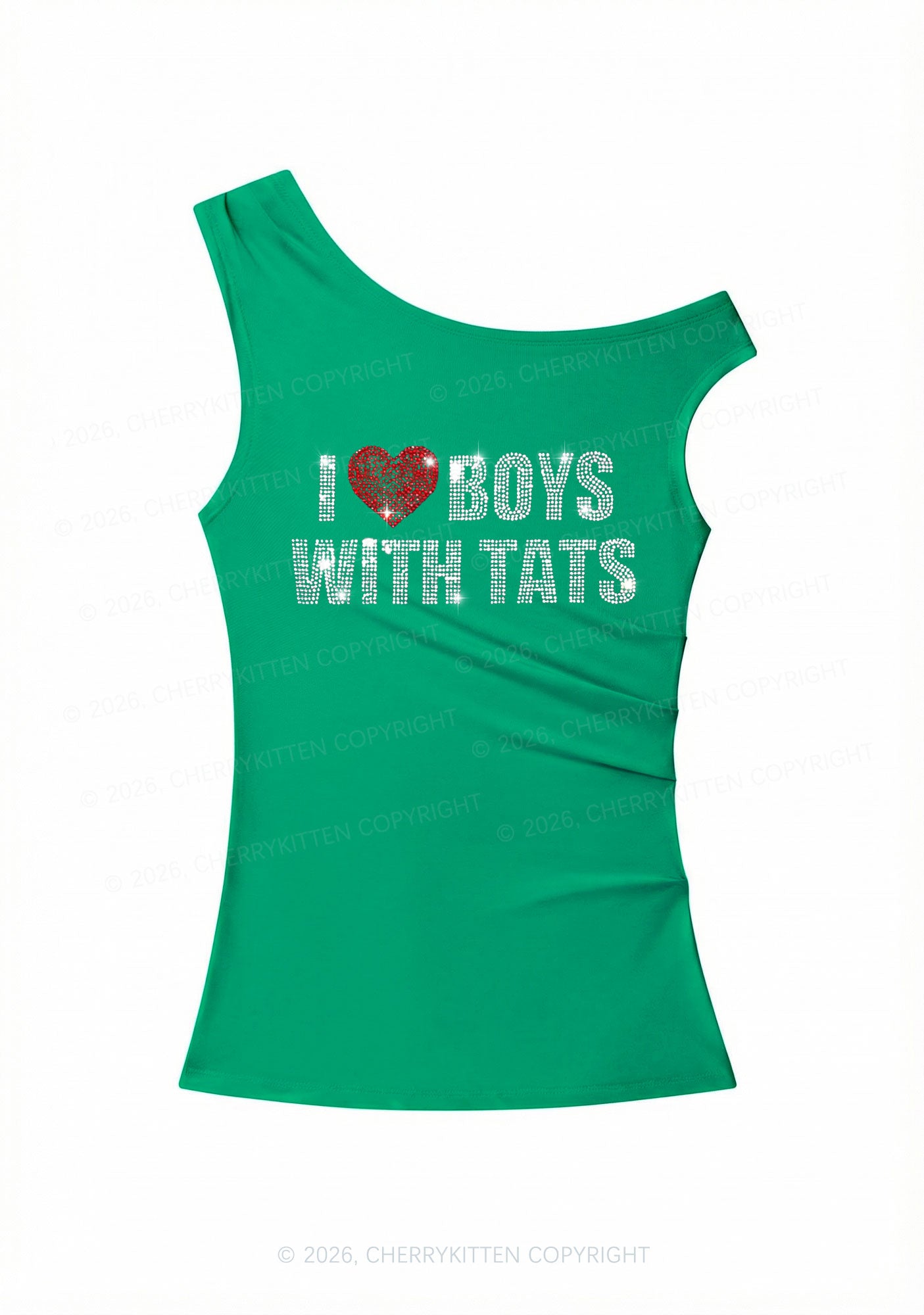 Rhinestone I Love Boys With Tats Y2K Off Shoulder Tank Top Cherrykitten