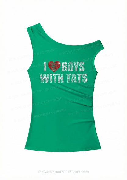 Rhinestone I Love Boys With Tats Y2K Off Shoulder Tank Top Cherrykitten