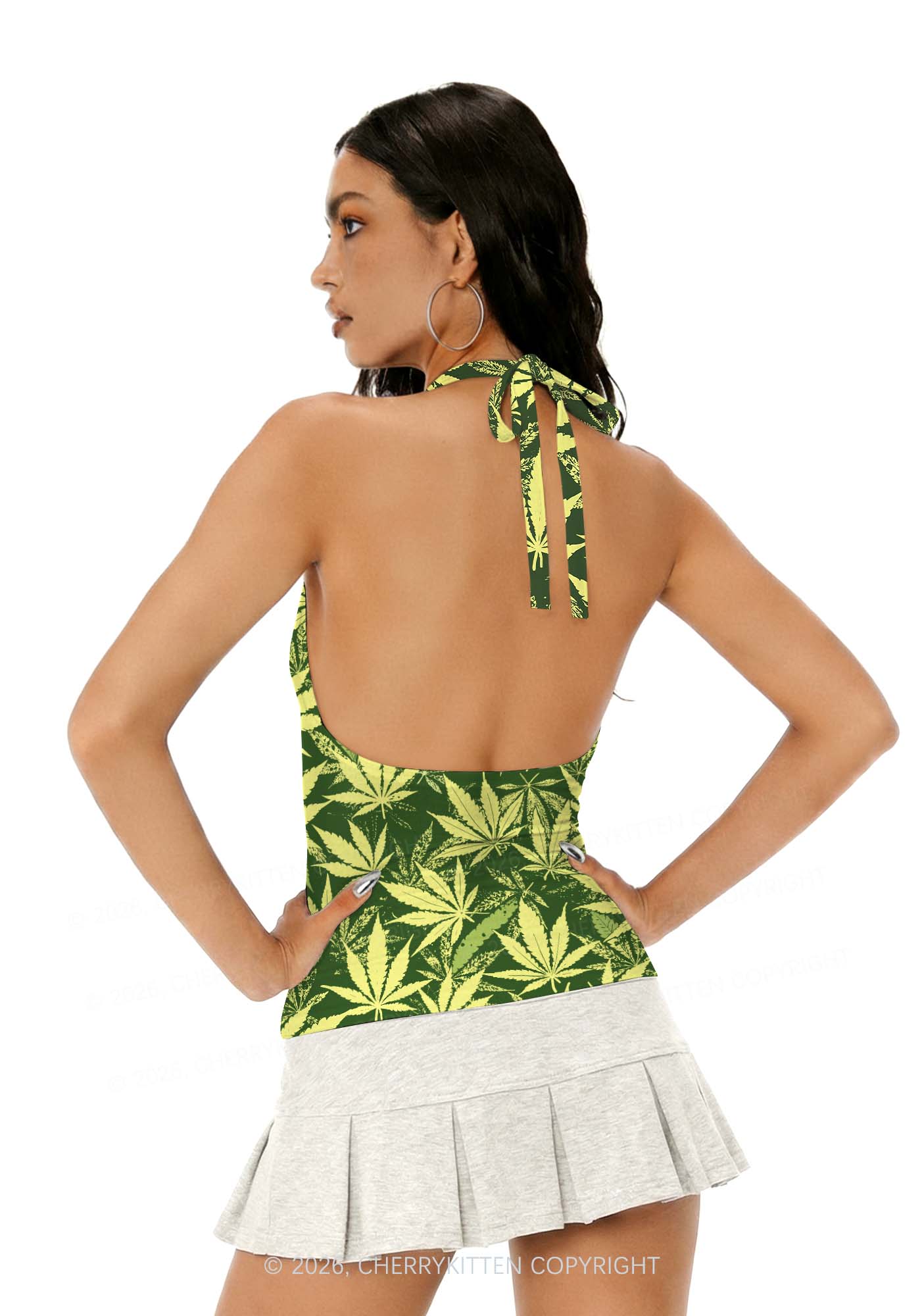Green Wxxd Leaf Y2K Print Halter Deep V Neck Cami Cherrykitten