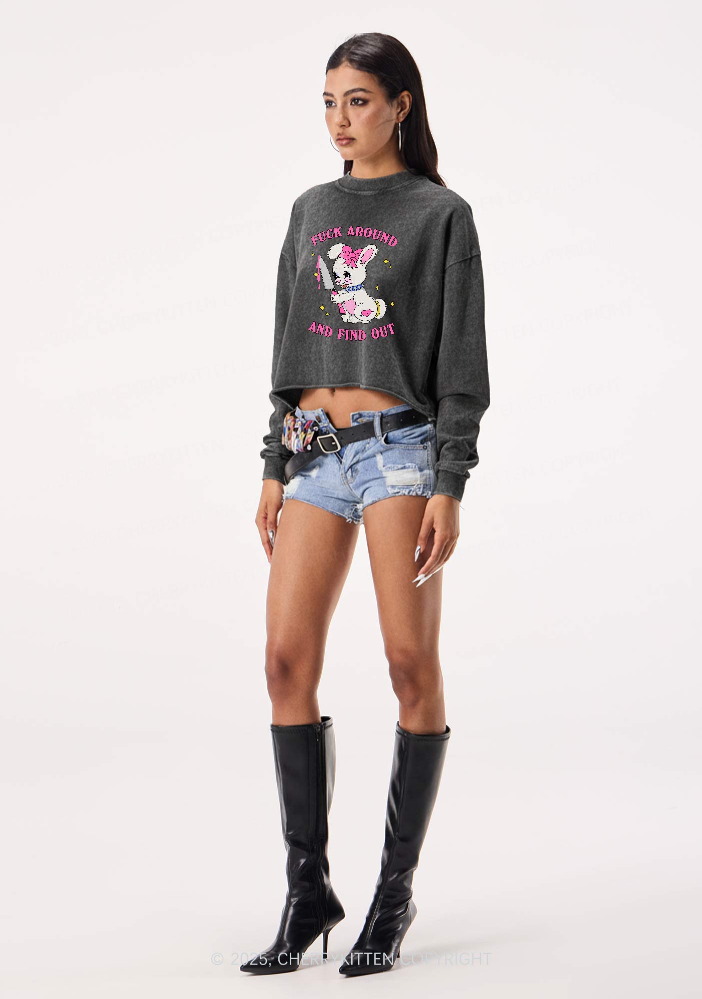 Fxxk Around Bunny Y2K Crop Washed Sweatshirts Cherrykitten