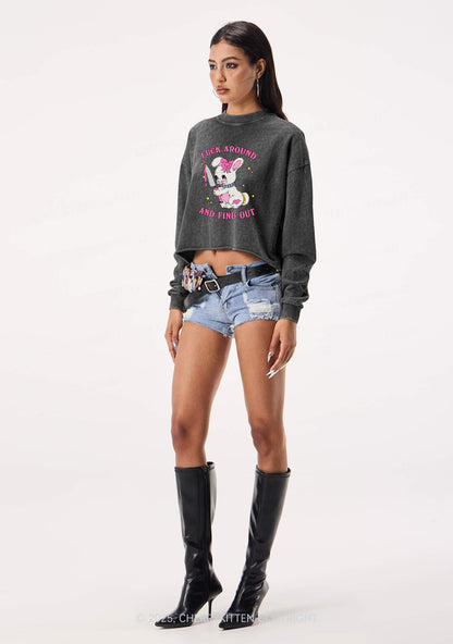 Fxxk Around Bunny Y2K Crop Washed Sweatshirts Cherrykitten