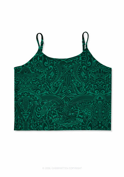 Green Swirl Leaf Y2K Print Cami Crop Top Cherrykitten