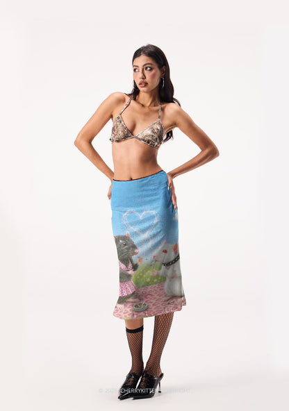 Two Punk Rats Smoking Y2K Print Midi Skirt Cherrykitten
