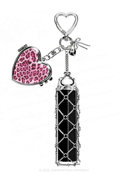 Pink Leopard 1pc Y2K Metal Mesh Lipstick Holder Keychain With Mirror Cherrykitten