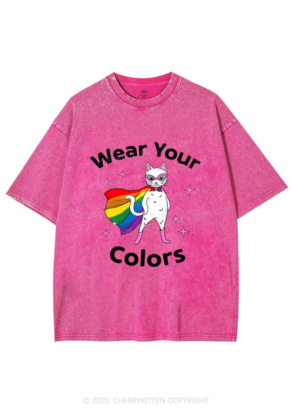 Pride Flag Cat Y2K Shirts Washed Tee Cherrykitten