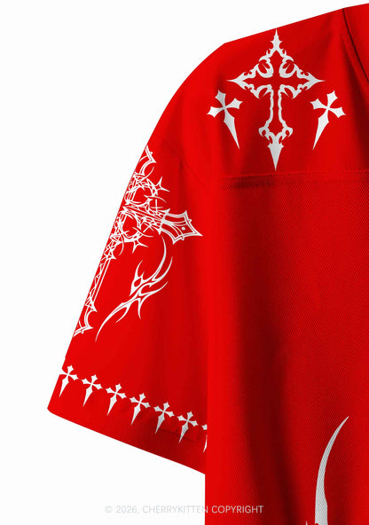 Red Gothic Mommy Needs A Cigarette Y2K Crop Sport Jersey Shirts Cherrykitten