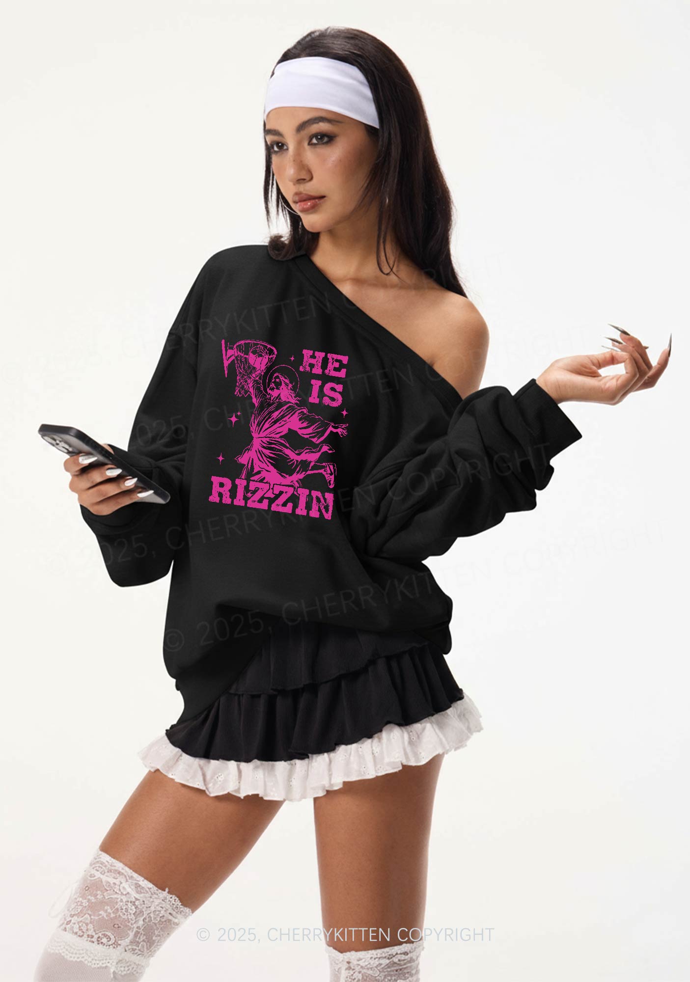 He Is Rizzin Y2K Off Shoulder Sweatshirts Cherrykitten