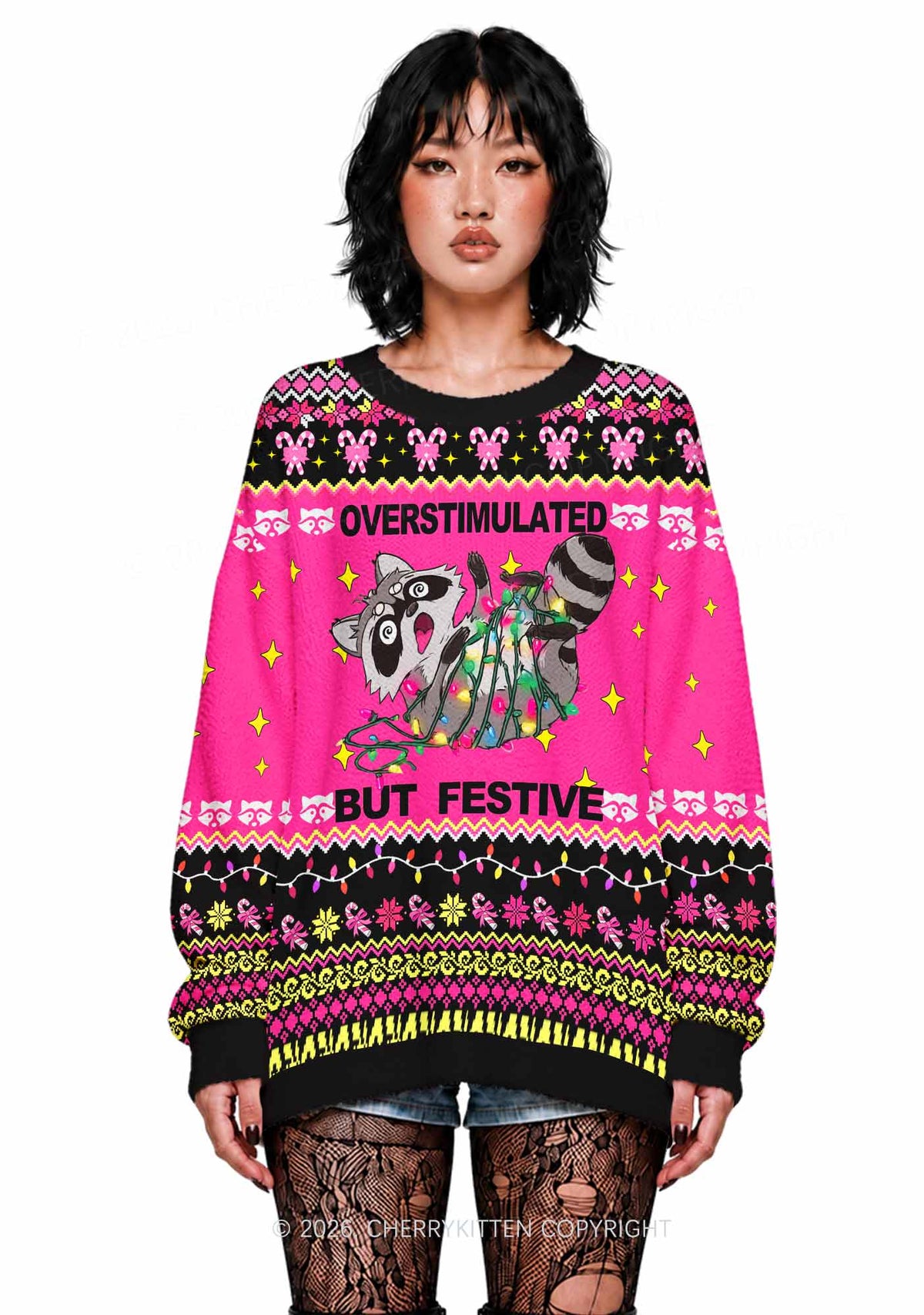 Overstimulated But Festive Raccoon Y2K Knit Sweatshirt Cherrykitten