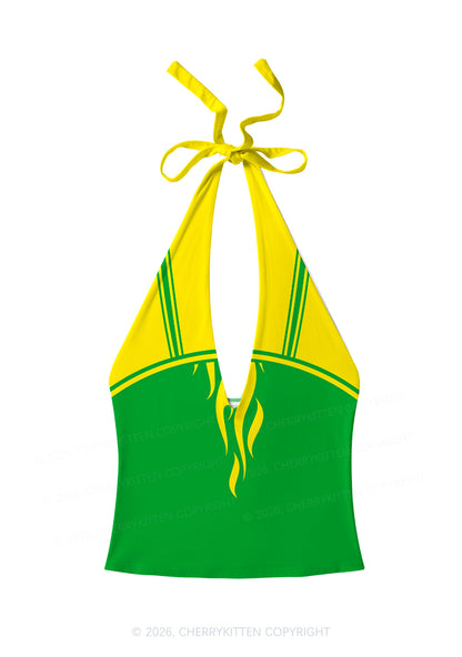 Yellow Green Flame Y2K Print Halter Deep V Neck Cami Cherrykitten
