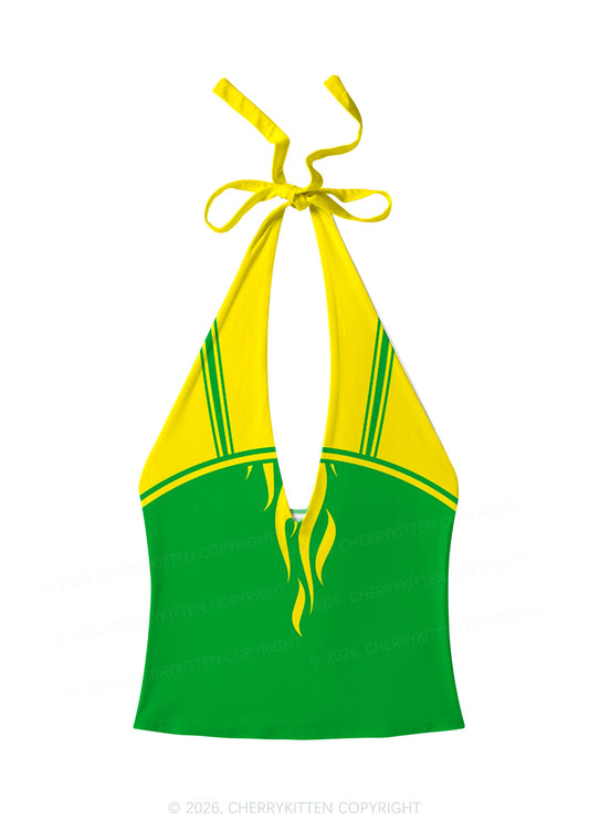Yellow Green Flame Y2K Print Halter Deep V Neck Cami Cherrykitten