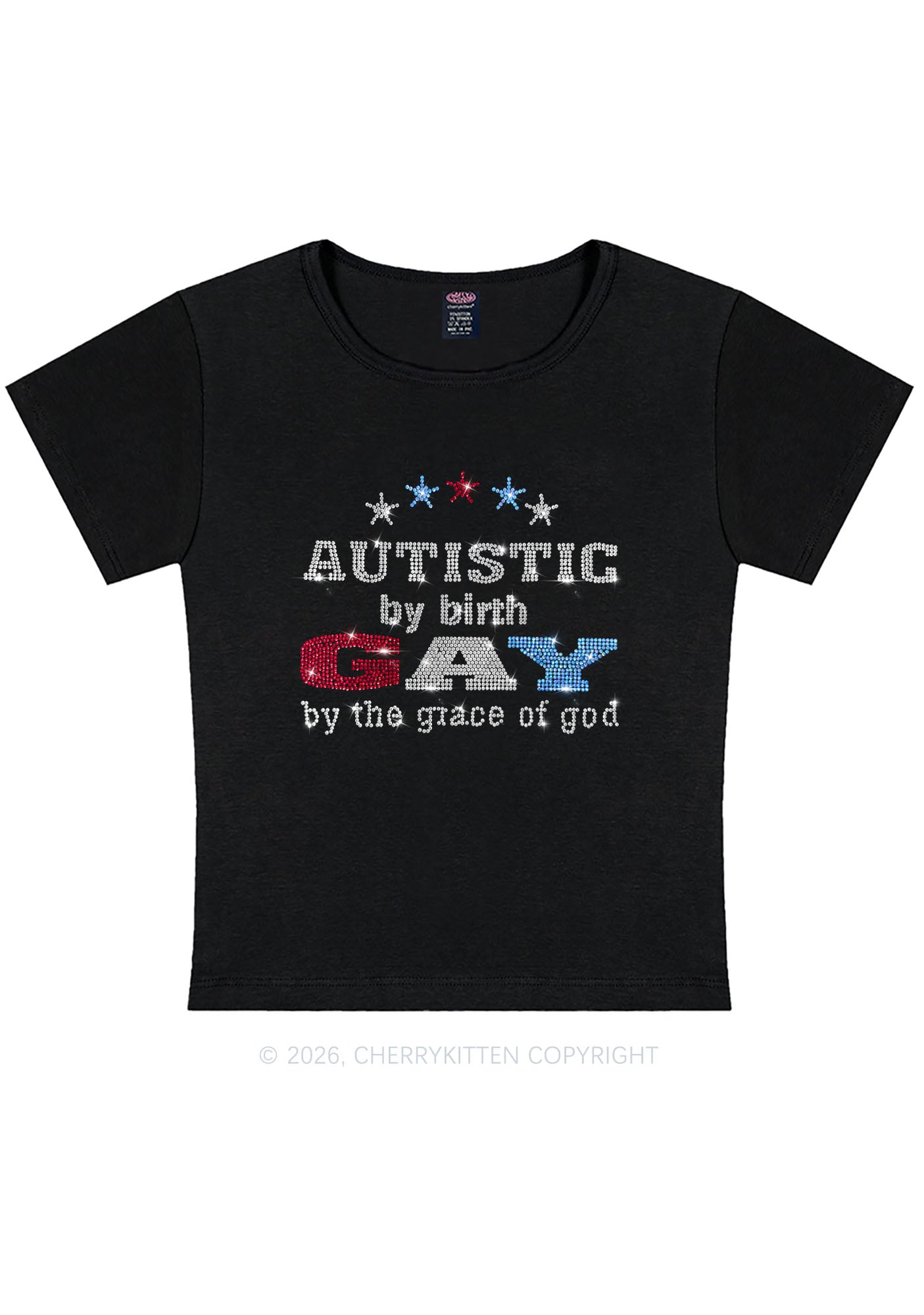 Rhinestone Autistic Gay Pride Y2K Baby Tee Cherrykitten