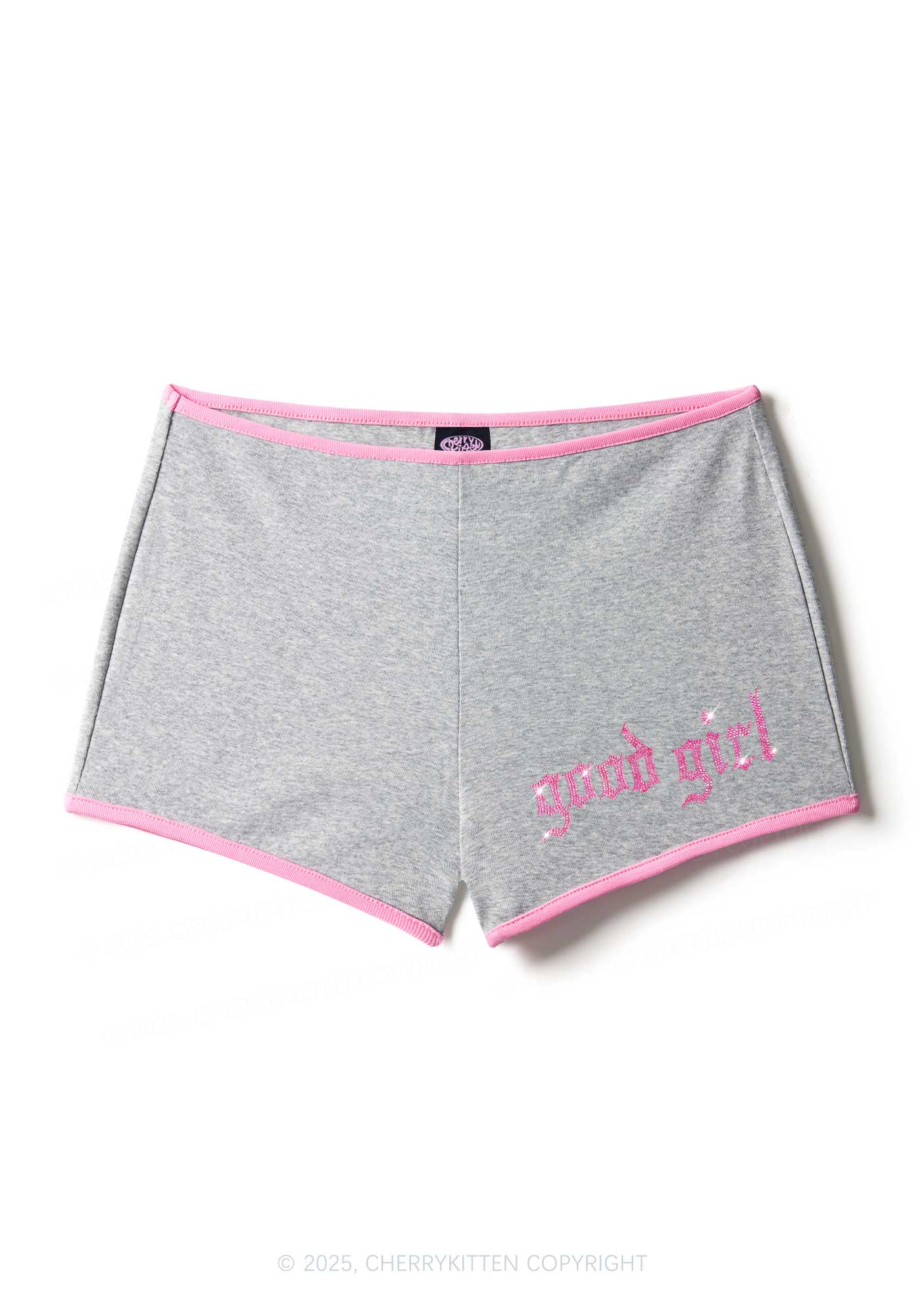 Rhinestone Pink Good Girl Y2K Booty Shorts Cherrykitten