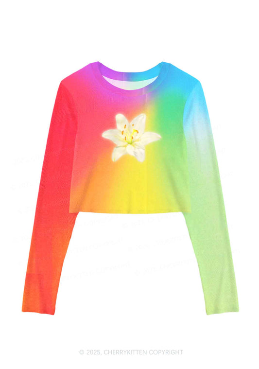 Lily in Rainbow Pride Y2K Mesh Long Sleeve Crop Top Cherrykitten