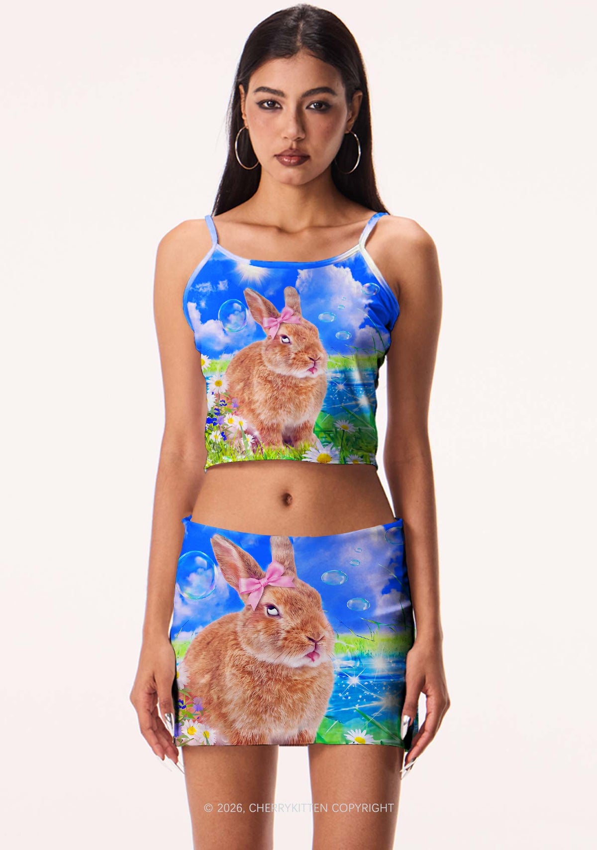 Rolling Eyes Bunny Y2K Print Mini Skirt Cherrykitten