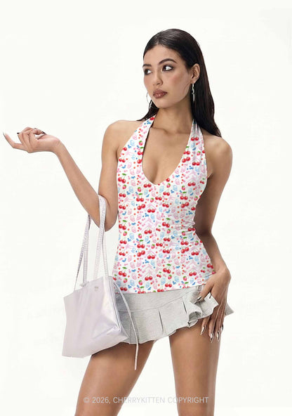 White Cherry Pie Y2K Print Halter Deep V Neck Cami Cherrykitten