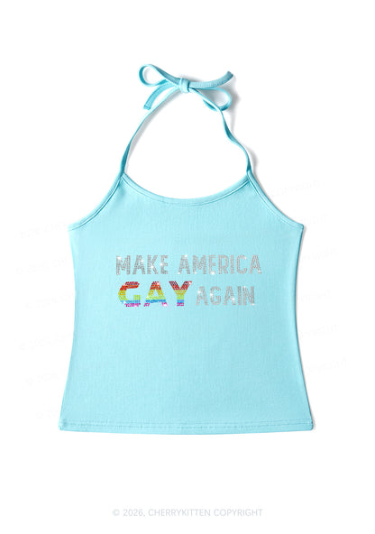 Rhinestone Make America Gay Again Pride Y2K Halter Neck Cami Cherrykitten