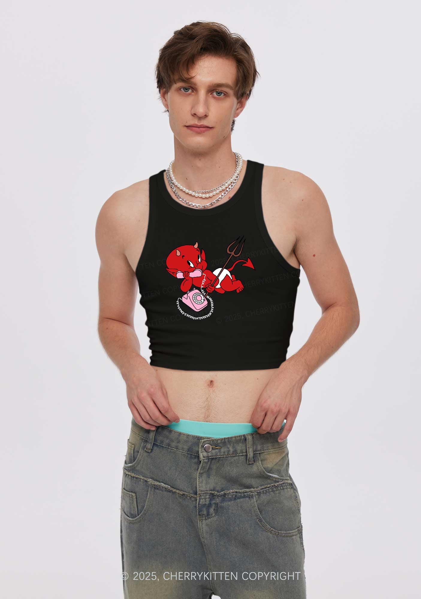 Little Devil On The Phone Y2K Crop Tank Top Cherrykitten
