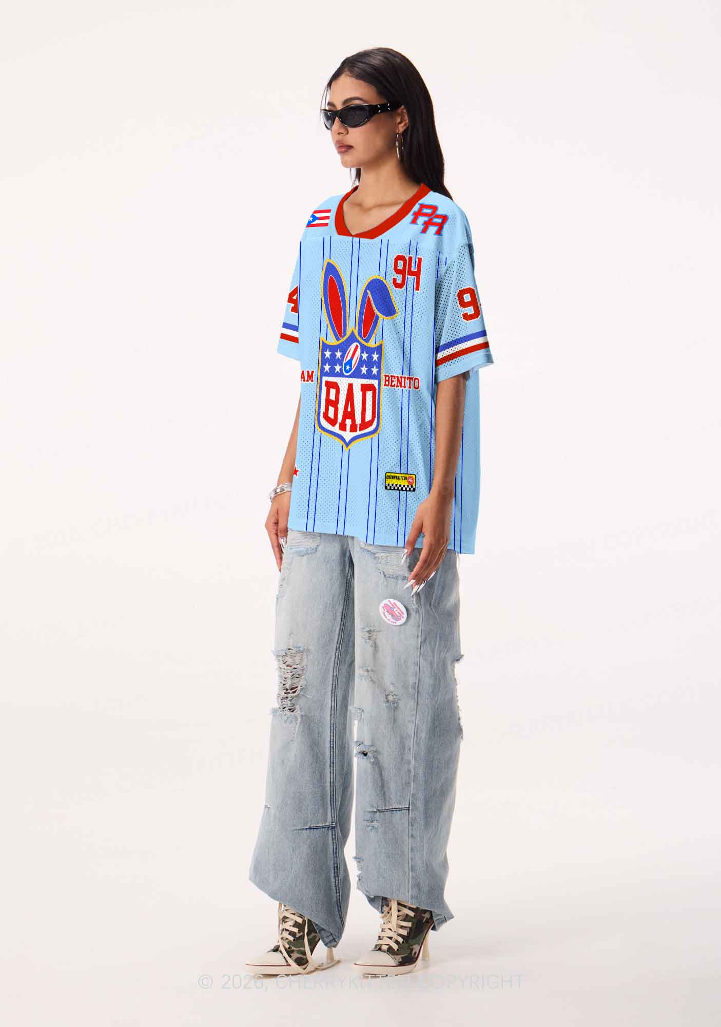 Blue Stripe Football Bunny Y2K Sport Jersey Shirts Cherrykitten