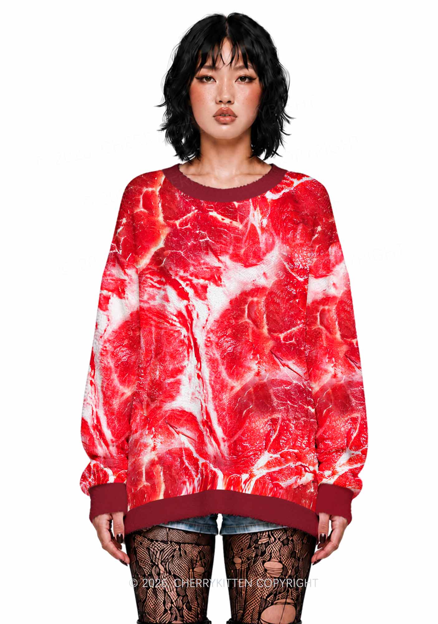 Beef Steak Texture Y2K Christmas Knit Sweatshirt Cherrykitten