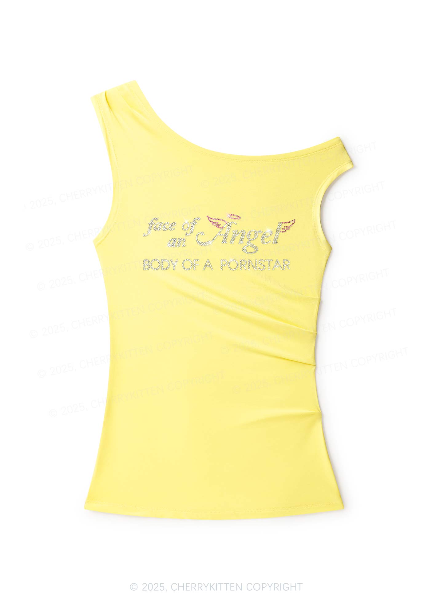 Rhinestone Face Of An Angel Y2K Off Shoulder Tank Top Cherrykitten