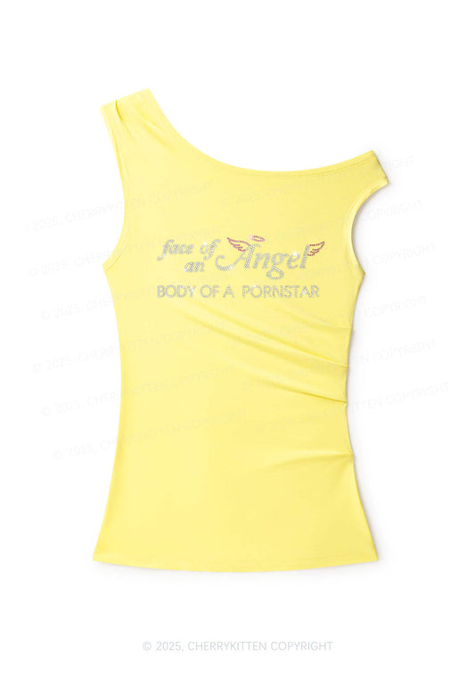 Rhinestone Face Of An Angel Y2K Off Shoulder Tank Top Cherrykitten