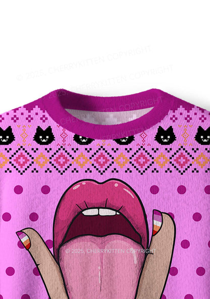 Lesbian Kissing Pride Y2K Christmas Knit Sweatshirt Cherrykitten