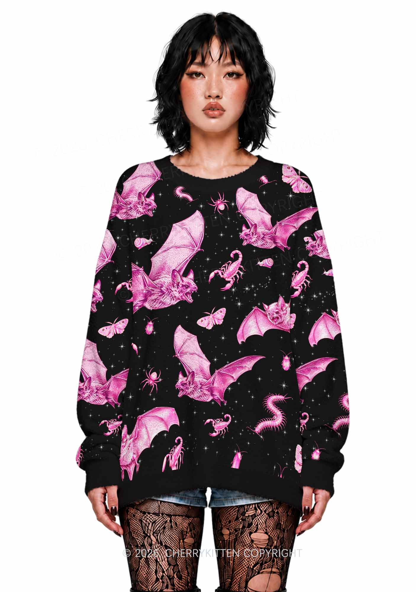 Halloween Pink Gothic Insects Y2K Knit Sweatshirt Cherrykitten