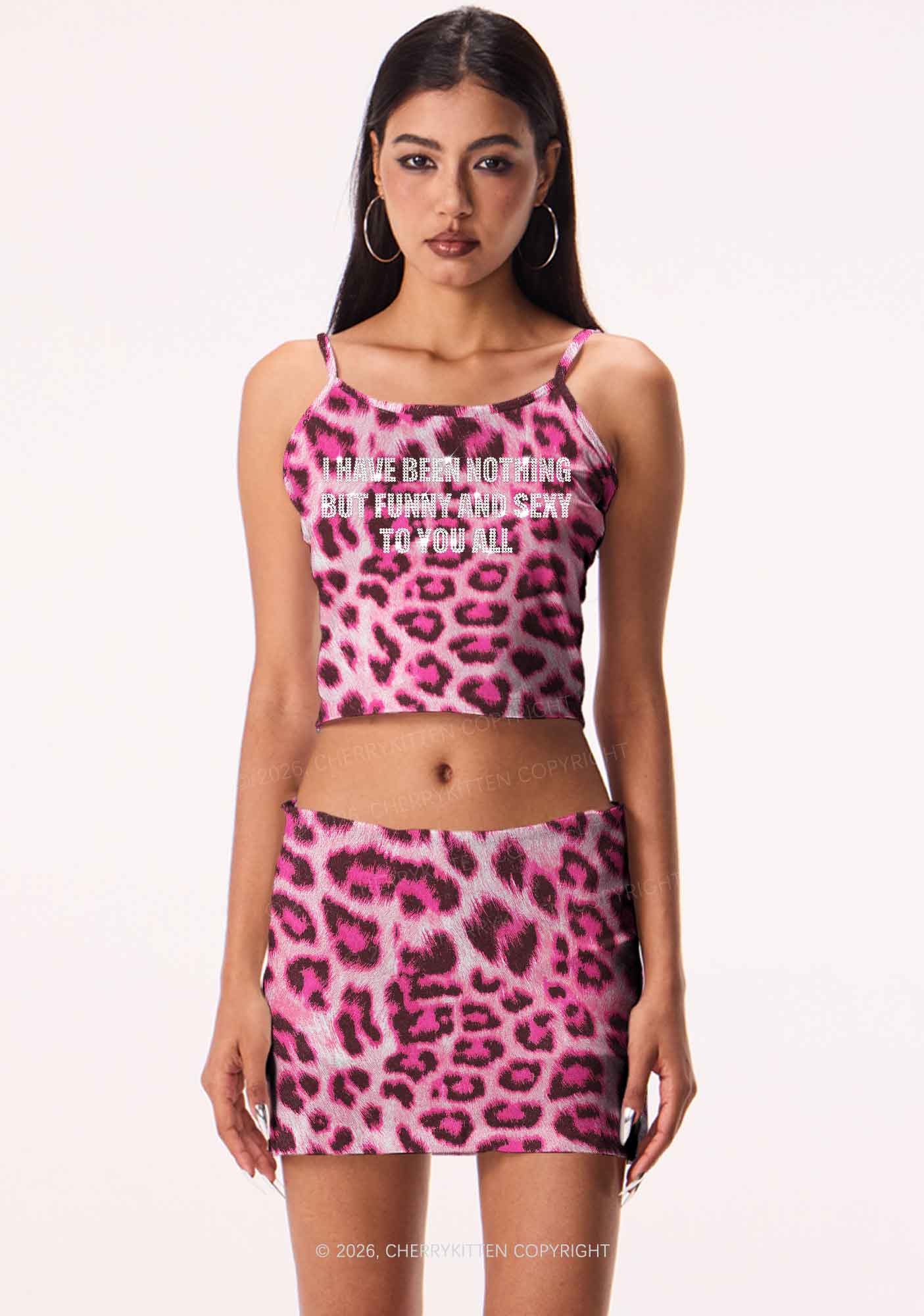 Rhinestone I Have Been Funny Y2K Pink Leopard Print Cami Crop Top Cherrykitten