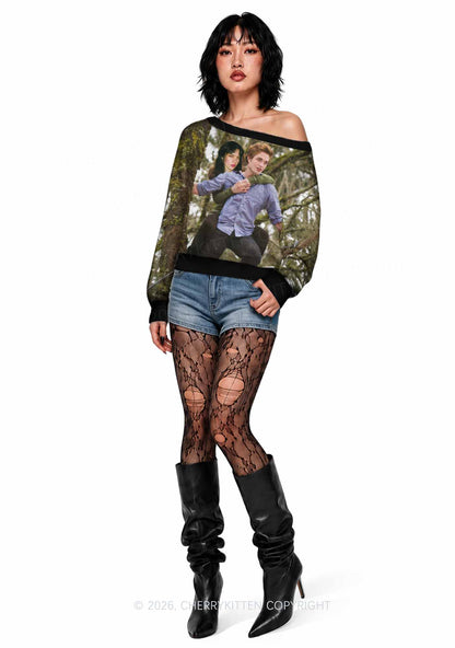 Custom Face Y2K Off Shoulder Knit Sweatshirt Cherrykitten