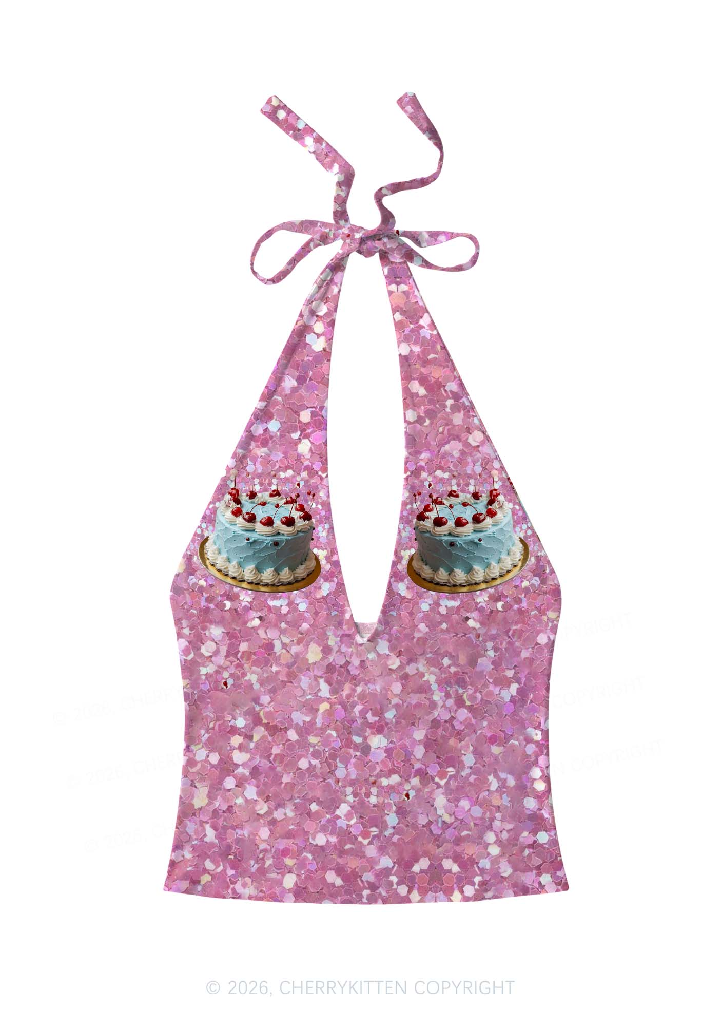 Cherry Cake Y2K Print Halter Deep V Neck Cami Cherrykitten