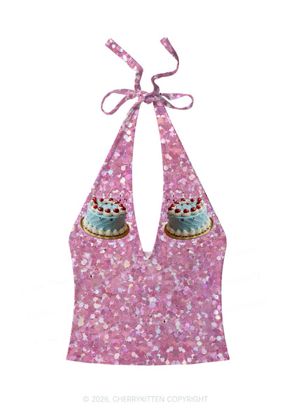 Cherry Cake Y2K Print Halter Deep V Neck Cami Cherrykitten