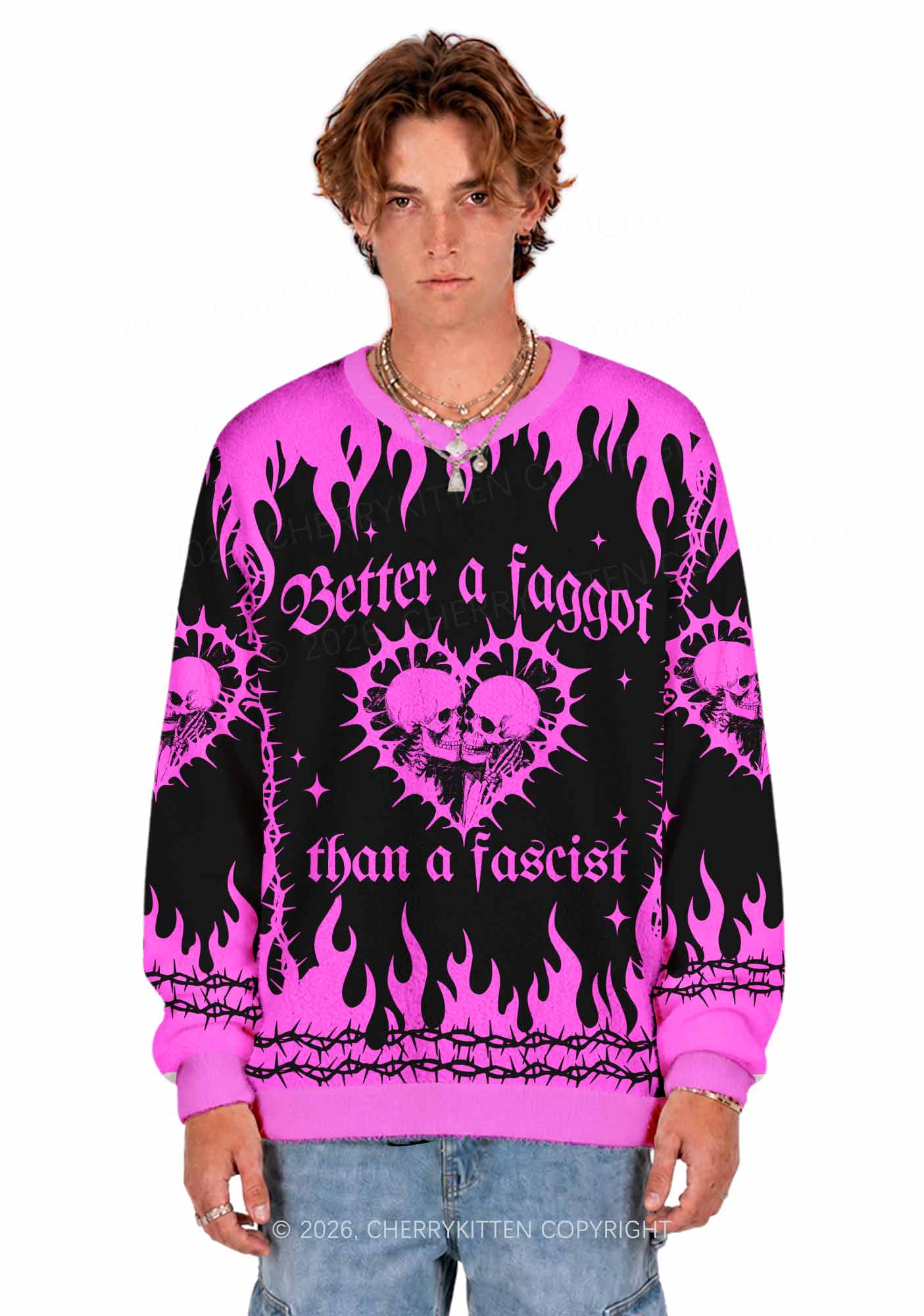 Halloween Hot Pink Better A Faggot Than A Fascist Y2K Knit Sweatshirt Cherrykitten
