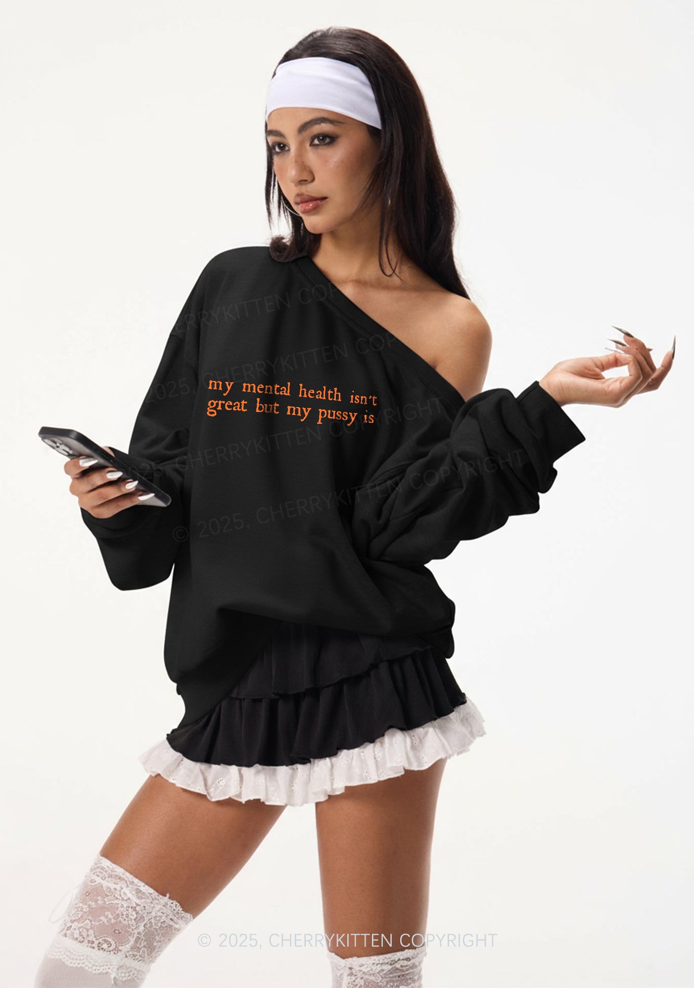 Great Mental Health Y2K Off Shoulder Sweatshirts Cherrykitten