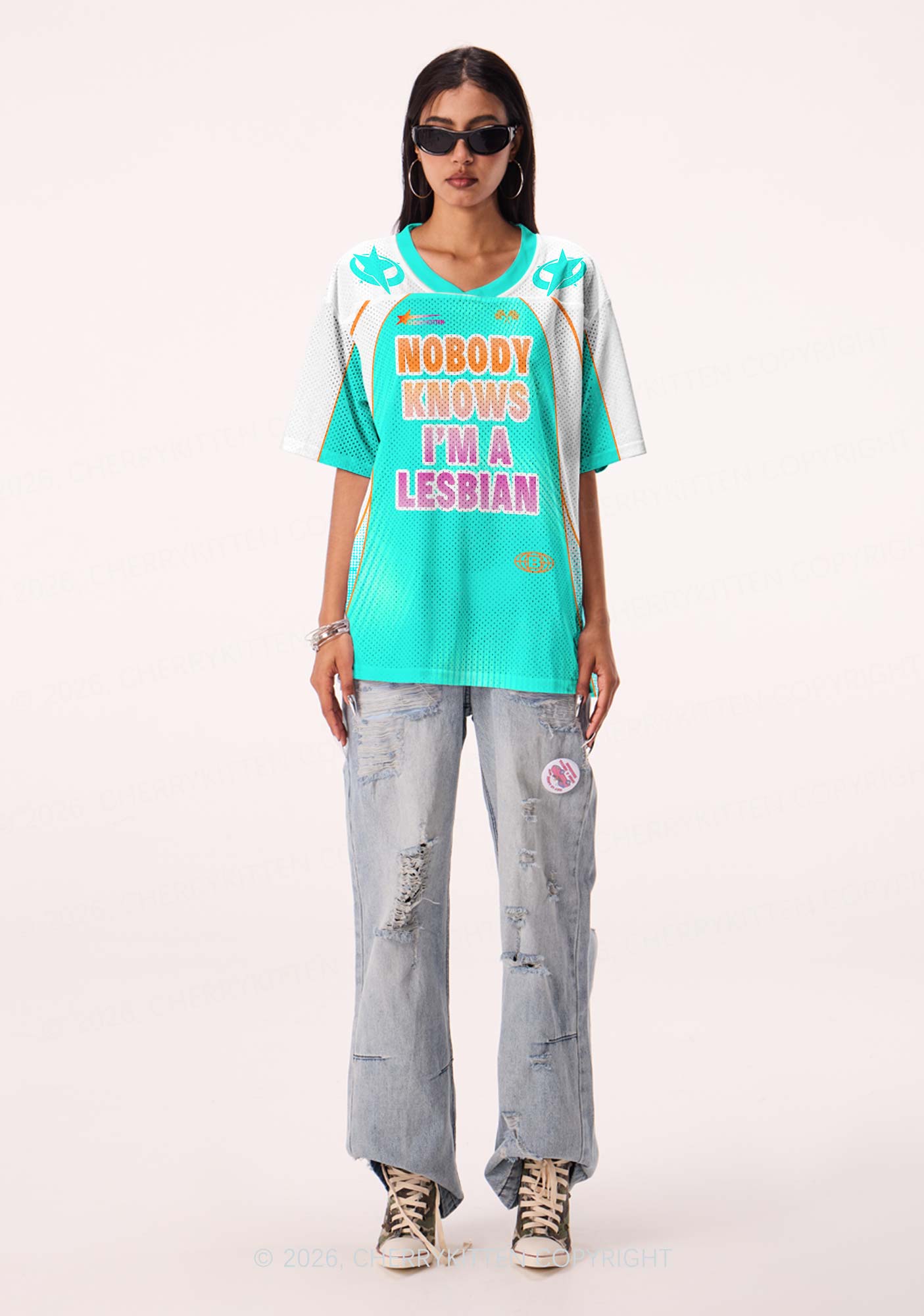 Nobody Knows Im Lesbian Pride Y2K Sport Jersey Shirts Cherrykitten