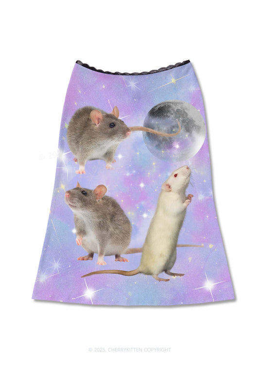 Three Rats Moon Y2K Print Midi Skirt Cherrykitten